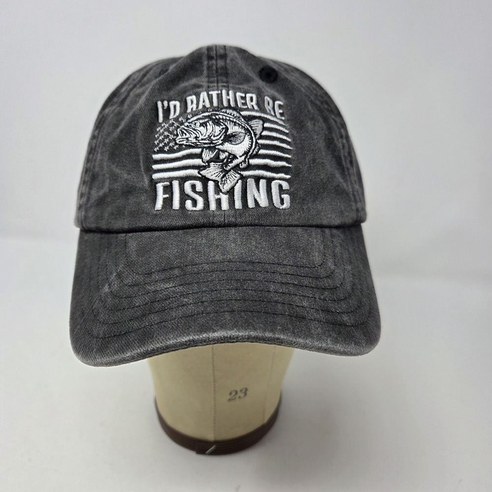 I'd Rather Be Fishing Men's Cap Hat Black Distressed Gray Adjustable